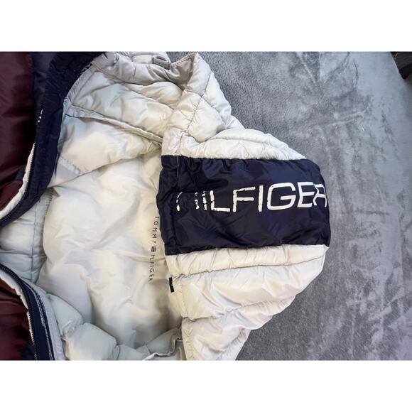 Tommy Hilfiger Mens Large Puffer Jacket White Navy Hooded Spellout Winter Coat - Picture 3 of 11